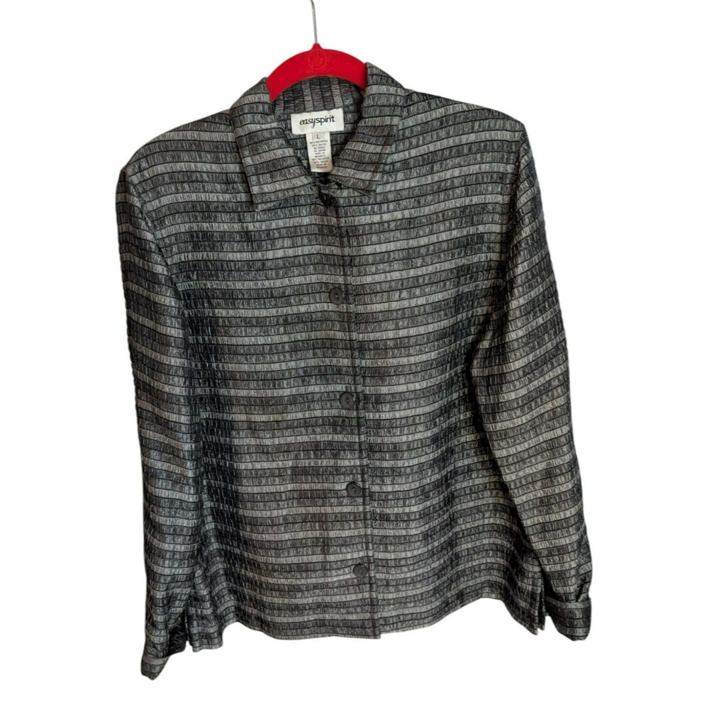 Women's Easy Spirit Gray Crinkle Two-Tone Stripe Buttoned Blazer Jacket